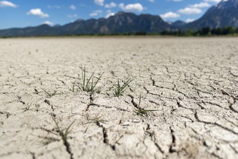 Cracked, dried out ground, waterless Forggensee in spring, behind it Tegelberg massif and Säuling,