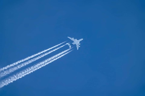 Lufthansa Airbus A380 in the sky on the flight to Munich. Germany