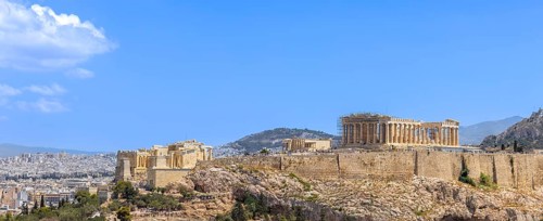 Ancient landmark citadel Acropolis of Athens seen from the Hill of the Muses, Philopappos Hill