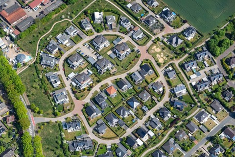 Aerial view, housing estate, modern, detached house, residential building, ring, house, street,