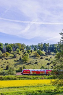 RegionalExpress RE5 to Friedrichshafen travelling over the Swabian Alb. Idyllic landscape near