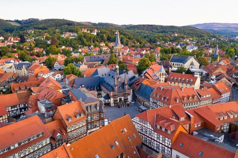 Historic town hall, St Sylvestrie's Church and market, aerial view of the old town, Wernigerode,