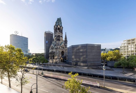 Kaiser Wilhelm Memorial Church, Breitscheidplatz with Europa Centre. City view Berlin, Germany