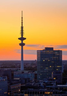 City view from above with the Heinrich-Hertz-Tower at atmospheric sunset, Hamburg, Germany