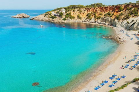 View of Cala d'Hort beach, Ibiza, Balearic Islands, Spain