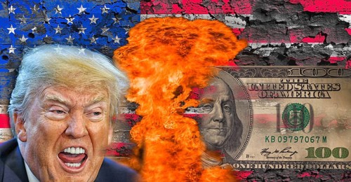 Symbolic image, Donald Trump and burning 100-dollar note, fire for Wall Street and Dax crash,