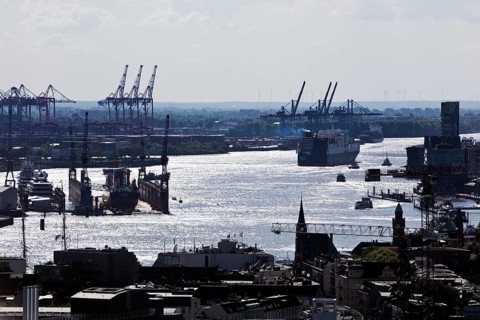 View of the Norderelbe and the harbour from the St. Nikolai memorial, Hamburg, Germany