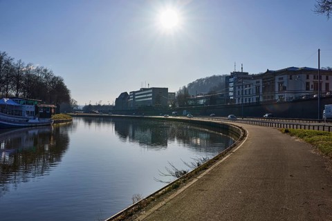River Saar, footpath and cycle path, riverbank, trees, general architecture, reflections on the