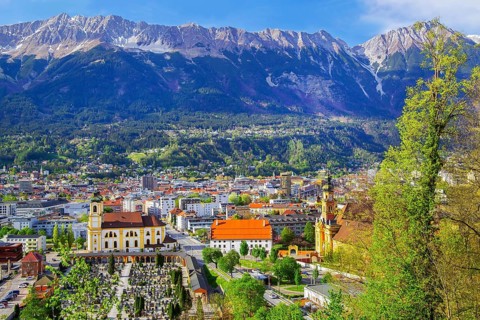 City view with Wilten Abbey in front of the northern chain of the Karwendel Mountains, Innsbruck,