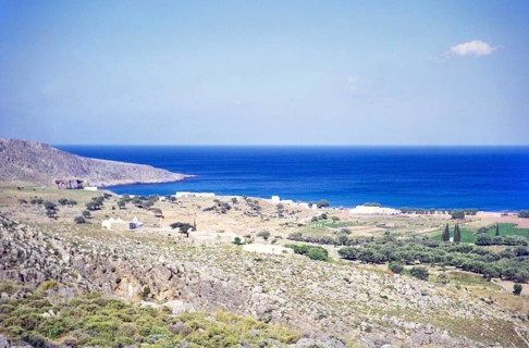 Countryside landscape view over fields to coastline at Kato Zakros, Crete, Greece, Europe 1972