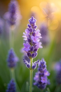 Detailed macro of a lavender flower (Lavandula angustifolia), showing the tiny purple buds and