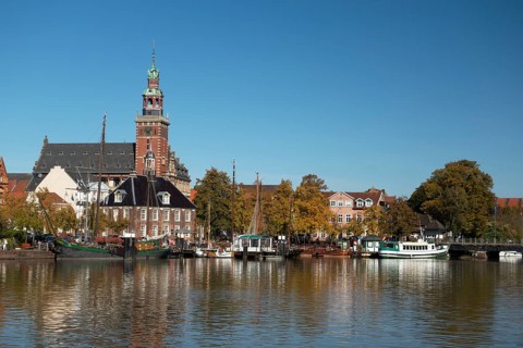 Museum harbour, town hall, Leer, East Frisia, Lower Saxony, Germany
