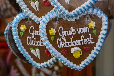 Gingerbread hearts at a candy stand at the Oktoberfest, Munich, Bavaria, Germany
