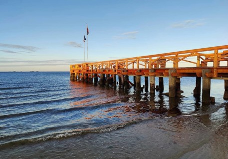 New south beach bridge at atmospheric sunrise with a view of Amrum, Südstrand, Wyk auf Föhr, North