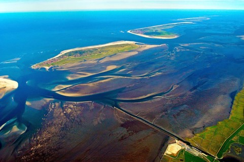 Aerial view, Nessmersiel, island, Baltrum, Wadden Sea, North Sea, ferry, ferry line, mainland