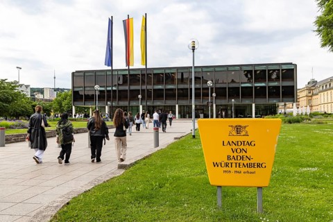 House of the state parliament of Baden-Württemberg, state parliament building in Stuttgart. Flags