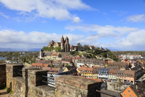 View from Eckartsberg to Münsterberg with Radbrunnenturm and cathedral, Breisach am Rhein,
