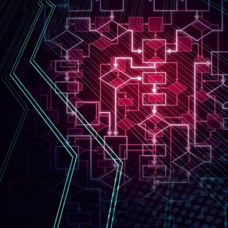 Abstract glowing flowchart diagram. Software development. Computer program algorithm. Information