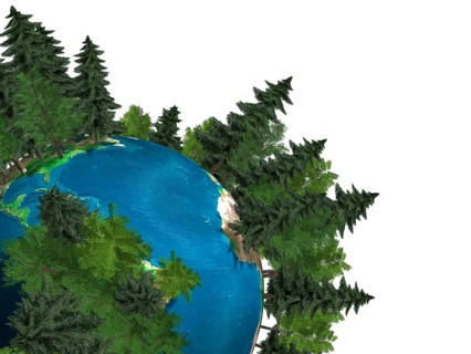 Conceptual 3D Illustration of the Earth globe covered with green trees growing out of it Green