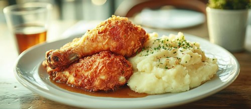 Golden fried chicken drumstick with mashed potatoes, topped with gravy and herbs, AI generated
