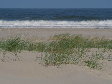 Beach with sand dunes and grass, breaking waves and blue sky in the background, juist, east frisia,