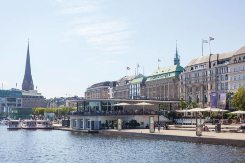 Jungfernstieg with Inner Alster Lake and gastronomy Cafe Alsterpavillon Alex, Neustadt, Hamburg,