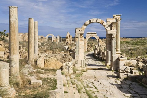 Arch of Trajan, in front of Arch of Tiberius, Via Trionfale, ruined city of Leptis Magna, Libya