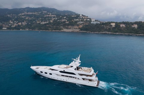 Aerial view 51 metre motor yacht ELENI cruising between Cap Martin and the Principality of Monaco,