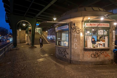 Germany, Berlin, 03.12.2024, snack bar, Korean street food, under the underground viaduct