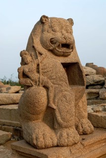 Lion sculpture in Shore temple in Mahabalipuram Mamallapuram near Chennai, Tamil Nadu, South India,