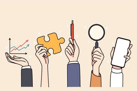 Hands of people holding various work tools and equipment. Businesspeople use stationery for job,