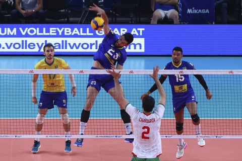 Sofia, Bulgaria - 4 July, 2022: Teams of Bulgaria and Brazil are seen in action during a Volleyball
