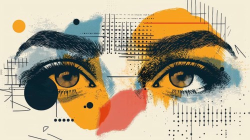 Bold and detailed abstract art with a focus on eyes amidst a mix of vibrant colors and intricate