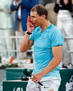 Emotional Rafael Nadal iholding speech after his early loss at the French Open, Roland Garros,