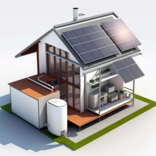 Solar panels and an air heat pump. a home with alternative energy sources. Generative AI