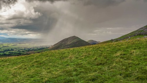 North Pennines landscape, looking at the rain clouds over Dufton Pike in Cumbria, England, UK