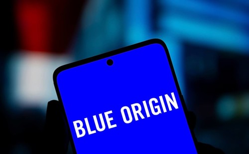 Blue origin logo is displayed on smartphone. Blue Origin Enterprises is an American space
