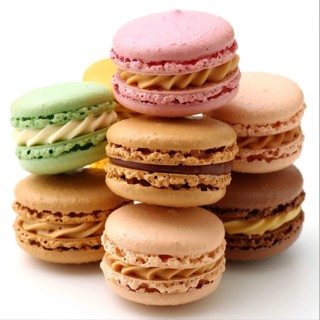 A pile of colorful and vibrant macarons stacked in various directions, ai generated, AI generated