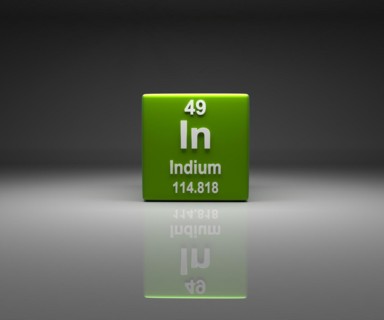 Cube with Indium number 49 periodic table, 3d rendering