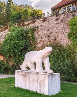 The polar bear, a white marble animal sculpture by François Pompon in Saulieu, Cote d'Or,