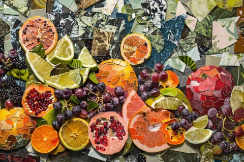 Sliced citrus fruits and grapes on a colorful abstract mosaic background, digital collage, AI