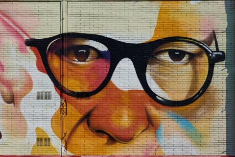 Portrait of Max Horkheimer, philosopher of the Frankfurt School, graffiti, art cube on the