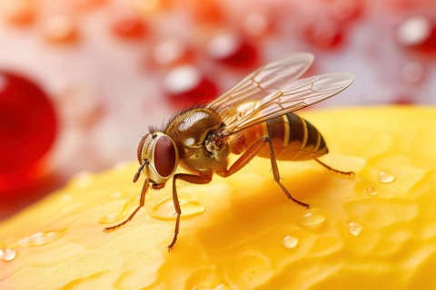 Close-up of a fruit fly, fruit fly, vinegar fly (Drosophila Melanogaster) on fruit, AI generated