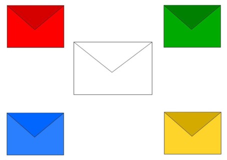 White envelope in the centre, four colourful small envelopes at the edge of the picture,