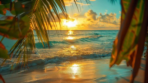 Imaginatively staged sandy beach with palm trees and sunset. The landscape has a tropical