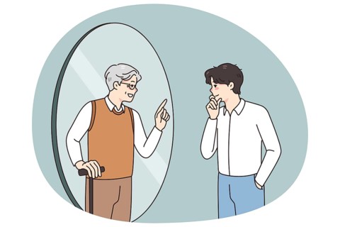 Young man look in mirror see talk with future old self. Younger generation male get advice from