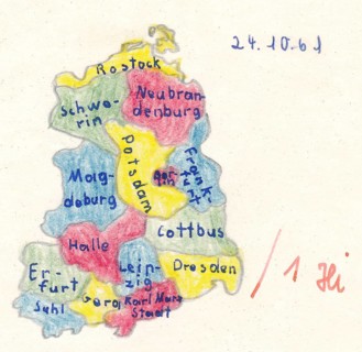Homework for school, historical map of East Germany with main cities, GDR, 1961, Länder mit