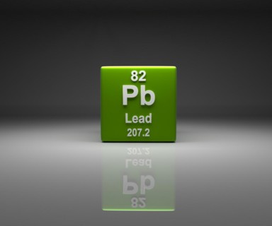 Cube with Lead number 82 periodic table, 3d rendering