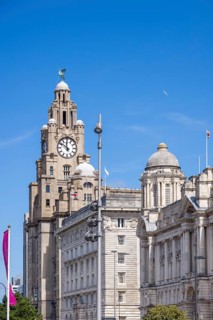 LIVERPOOL, UK - JULY 14 : The Royal Liver building with a clock tower in Liverpool, England on July
