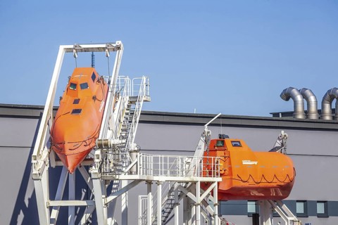 Orange lifeboats on a ship, Bremerhaven, Bremen, Germany